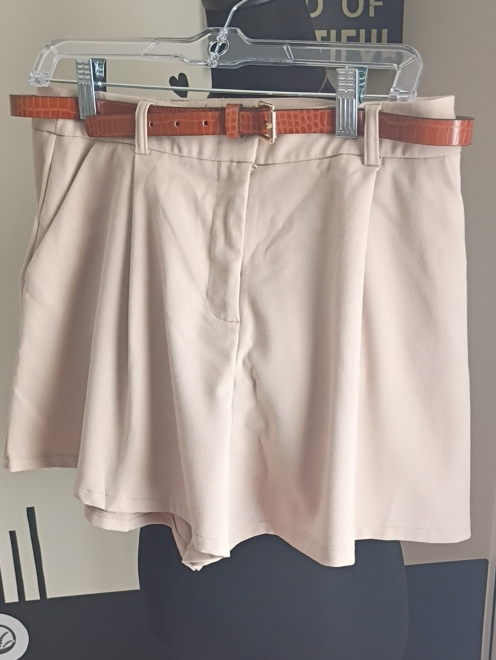 ANGL Cream High-Waist Pleated Shorts with Tan Belt